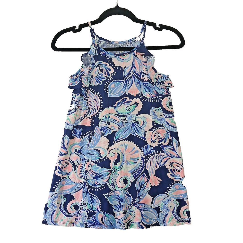 Lilly Pulitzer Girls Sundress Size M 100% Cotton Floral Ruffle Blue Beach #912